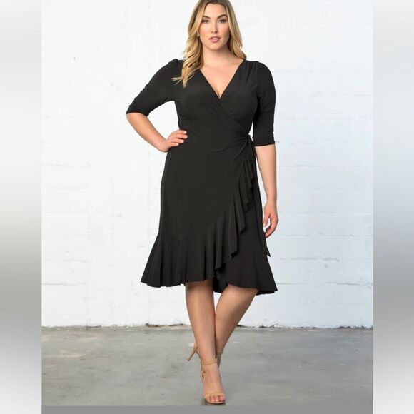 Kiyonna Whimsy Wrap Elegant Black Midi Dress size 1X - Picture 1 of 10